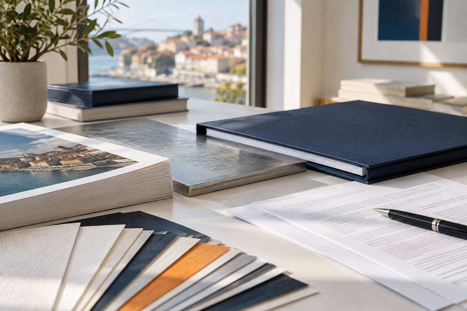 Documentação, papel e materiais da indústria gráfica numa mesa de trabalho
